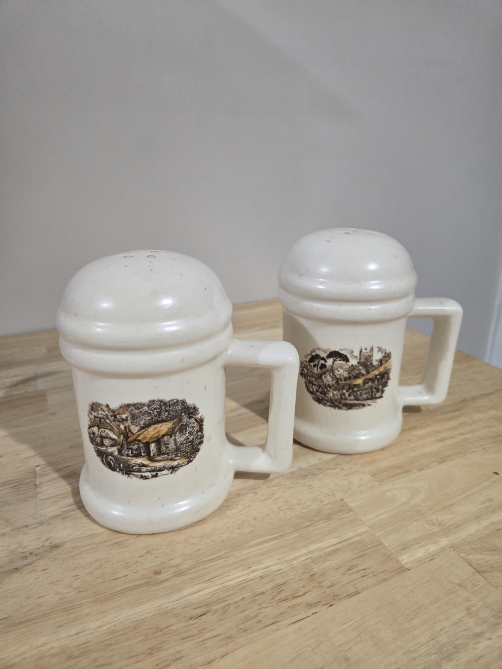 Cream Ceramic Vintage-Style Salt and Pepper Shakers - Country Scene